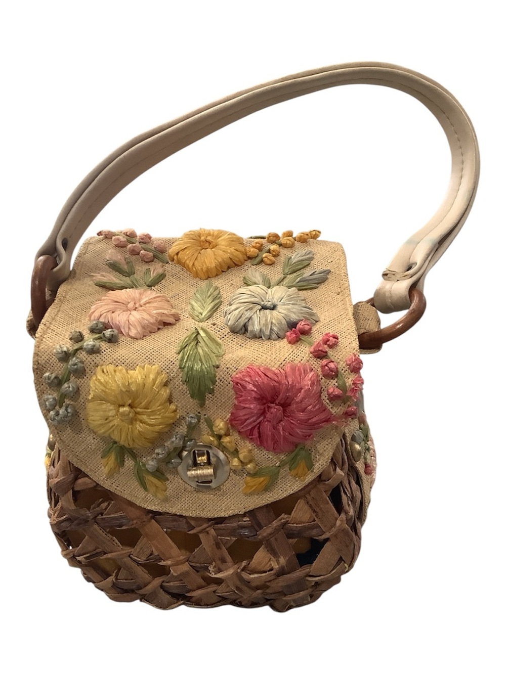 Italian Vintage 1950s/60s Woven Straw Floral Basket Handbag